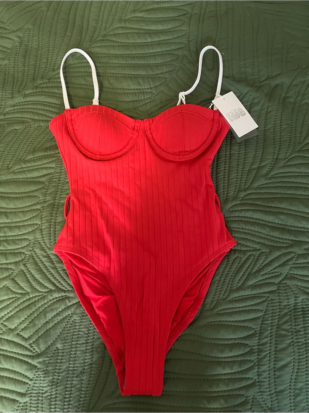 SOLID & STRIPED Red Ribbed One-Piece Swimsuit with White Straps